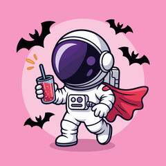 This charming illustration features a playful astronaut dressed as a superhero, holding a drink and surrounded by bats, blending whimsical elements with a unique adventurous theme.