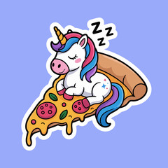 A cute unicorn peacefully naps on a slice of delicious pizza, blending the whimsical nature of fantasy and food, creating a delightful imagery of dreams.