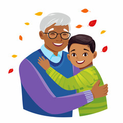 A Heartwarming Embrace Grandfather and Grandson Sharing a Loving Moment Amidst Autumn Leaves