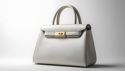 A luxury leather handbag with gold details, placed neatly on a plain white background, photorealistic high-resolution product photography.