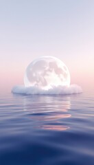 Surreal serene scene of a celestial orb resting gently on a soft cloud above calm water