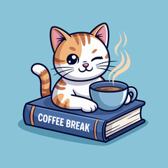 An endearing image of a relaxed cat perched on a book, sipping coffee, perfectly illustrating the cozy moments of leisure and enjoyment in everyday life.