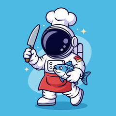 A whimsical cartoon image of an astronaut dressed as a chef, holding a fish in one hand and a knife in the other, set against a bright blue background to emphasize creativity.
