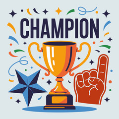 A vibrant illustration featuring a trophy, confetti, and a foam finger, symbolizing victory and achievement, perfect for sports and competition-themed designs.