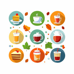 A vibrant collection of cafe icons showcasing delicious desserts and various beverages, from hot coffee to refreshing juice, perfect for an autumn menu