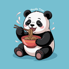 This adorable panda happily enjoying a bowl of noodles symbolizes joy and comfort in simple pleasures, sitting contentedly with chopsticks, capturing a delightful moment.