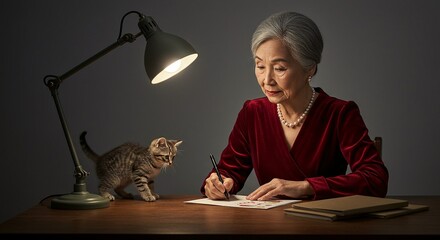 Elegant woman in red writing at a desk under a lamp, with a curious kitten watching her every move in a cozy setting.