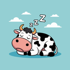 A charming cartoon cow peacefully sleeping against a bright blue sky dotted with fluffy clouds, embodying tranquility, serenity, and the simple joys of farm life.