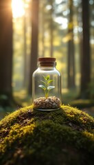A Tiny Seedling Growing in Glass Jar with Pebbles Placed on Mossy Surface with Forest Backdrop