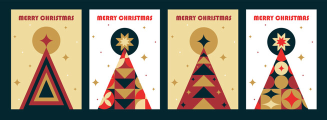 Christmas tree card set with modern abstract geometric vertical design for a4