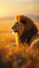 Majestic lion with a golden mane rests in tall grass bathed in the warm light of the setting sun