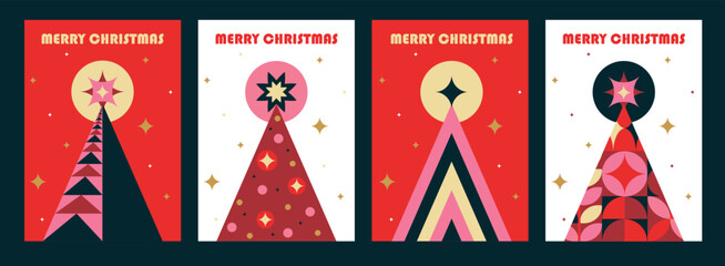 Set of Christmas tree cards with modern abstract geometric vertical design for a4
