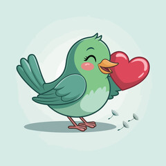 A delightful green bird joyfully holds a red heart, symbolizing love and happiness, bringing a cheerful and whimsical essence to the illustration.