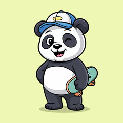 Naklejka premium This delightful illustration features a playful panda wearing a cap, winking and confidently holding a skateboard, embodying fun, youthfulness, and adventure in a vibrant style.