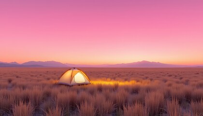 Camping in the wilderness Illuminated tent on grassy plains under a vibrant pink and orange sky at sunset