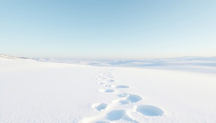 Footprints trek across an endless snowscape under a soft blue sky, leading towards distant hills