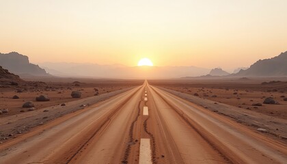 Road to nowhere disappearing into the horizon with a sun just peaking over a range of mountains in the distance