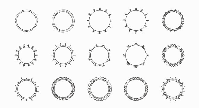 A collection of fifteen minimalist, hand-drawn circular frame designs featuring dotted, rope, and starburst decorative elements for logos or badges