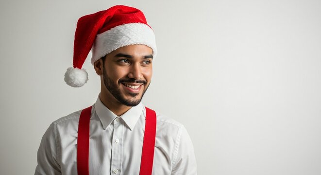 Festive holiday spirit with a cheerful bearded man wearing a Santa hat and red suspenders on a solid background.