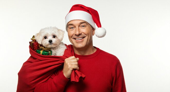 Festive man with Santa hat carrying a dog in a sack with gifts. A heartwarming holiday scene filled with joy and cheer. - Powered by Adobe