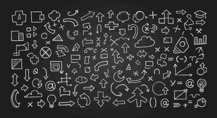 A diverse collection of hand-drawn white chalk icons and arrows scribbled across a black chalkboard texture, perfect for concept design