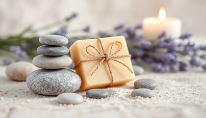 Serene spa arrangement featuring stacked smooth stones, handcrafted soap, and gentle candlelight for a calming and peaceful atmosphere