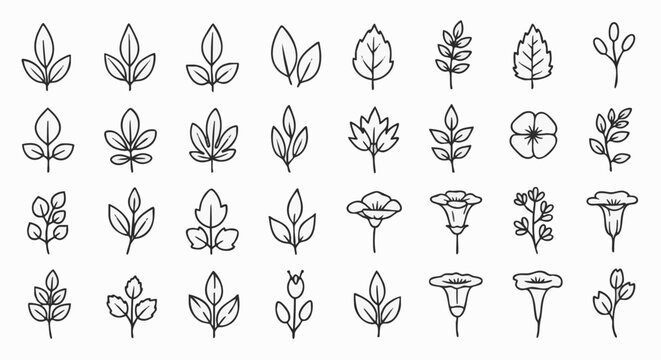 A diverse collection of minimalist line art botanical icons