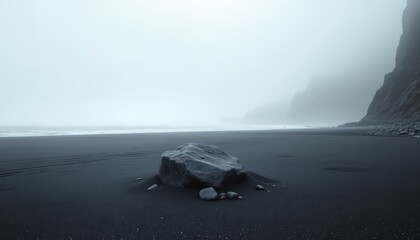 Solitary rock on a desolate beach with dark sand, distant cliffs, and a foggy, overcast sky creating a moody and ethereal atmosphere