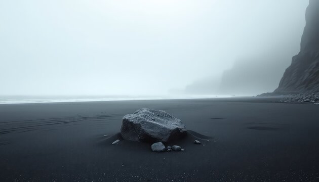 Solitary rock on a desolate beach with dark sand, distant cliffs, and a foggy, overcast sky creating a moody and ethereal atmosphere