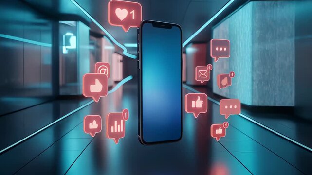 Smartphone stands in neon tunnel while social pings icons float, creators push social pings campaigns and users chase rising social pings numbers. concept digital engagement