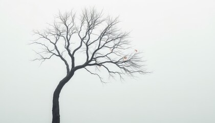 Solitary silhouette of a bare tree against a light background, with a few lingering leaves clinging on