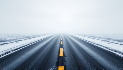 Vanishing Point A long stretch of road with yellow lane dividers disappears into a thick fog on a snow covered landscape