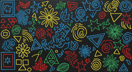 Fototapeta premium A vibrant, playful hand-drawn doodle pattern features colorful abstract shapes, stars, flowers, and spirals on a dark background