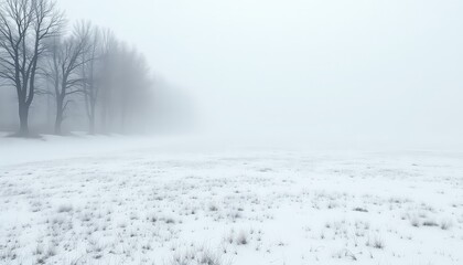 Winter landscape with snowy field and bare trees shrouded in thick fog creating an ethereal and mysterious scene