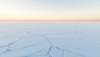 Frozen expanse stretches to the horizon under a pale sky, fractured ice creates a delicate pattern on a cold landscape