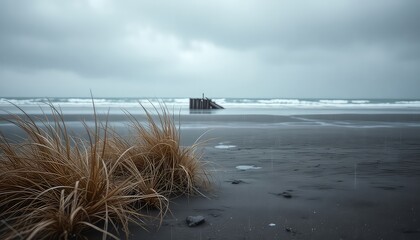 Quiet coastal scene with golden grass clumps on a dark, wet beach and calm ocean against a grey sky