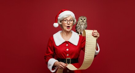 Mrs. Claus is surprised by her list! She's also sporting an owl, who has important details! Red background, festive.