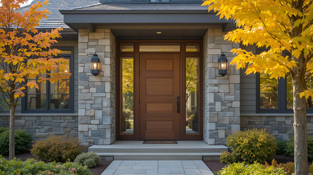 Modern home entrance with wooden door and stone walls in autumn with yellow leaves