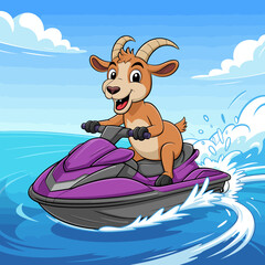 Naklejka premium A joyful goat rides a purple jet ski, splashing through ocean waves with sheer excitement and adventurous spirit, showcasing the fun side of water sports.