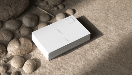 Elegant blank postcards on sandy beach with smooth stones invite summer travel memories and personalized correspondence offering a touch of seaside serenity