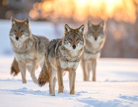 Three coyotes in a snowy landscape at sunset