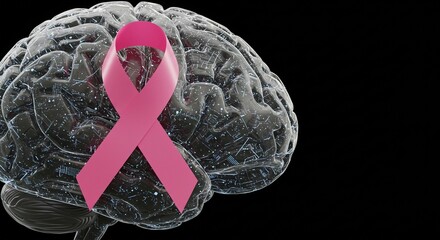 Pink ribbon on a brain model symbolizing awareness and support for neurological conditions or specific illnesses. - Pink October - breast cancer