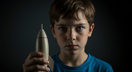 Boy holds rocket model against dark backdrop, dreams of space. Freckles, blue shirt, focused gaze convey youthful ambition.