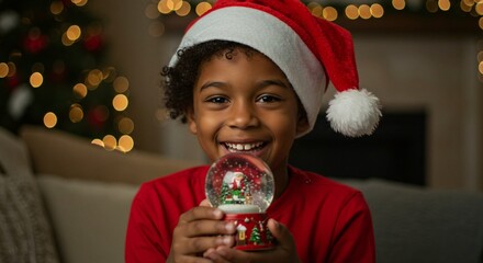 Boy in Santa hat smiles, holding a snow globe with festive decorations, embodying the joyous spirit of the holiday season.