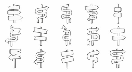 Collection of hand-drawn directional signposts and street signs in a sketchy, doodle style