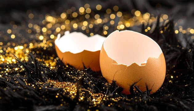 Two cracked eggshells on a dark surface with golden sparkles - Powered by Adobe