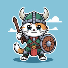 This charming image features a cute cat dressed as a Viking warrior, complete with armor, a shield, and a staff, showcasing a whimsical blend of fantasy and feline charm.