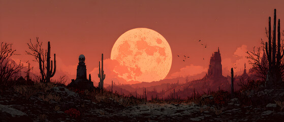 Pixel Art Fantasy Desert Landscape with a Skull Monument and a Giant Red Moon