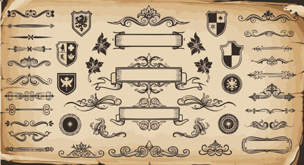 Elegant antique vector heraldic design elements with banners and shields in vintage style
