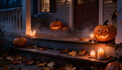 Obraz premium A spooky Halloween porch scene with carved pumpkins, candles, and autumn leaves.